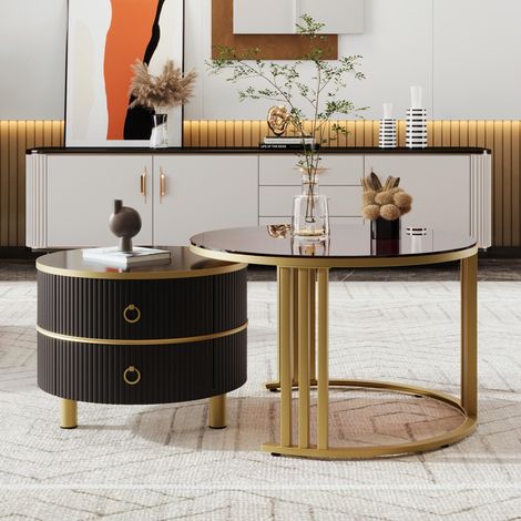 Set di 2 Tavolini da caffè nidificanti rotondi, 70x50 cm - con piano in vetro marrone, 2 cassetti, design moderno - nero