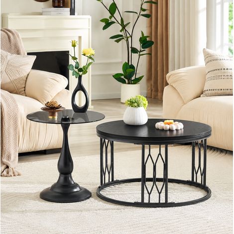 Couchtisch Ø 70 cm in Schwarz, Holzoptik-Platte mit geometrischem Metallgestell (1/5)