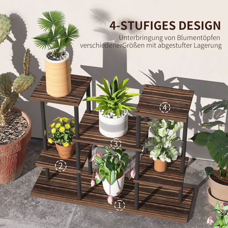 Support à plantes 4 niveaux, étagère à fleurs en bois et acier, pot de fleurs intérieur extérieur (1/5)
