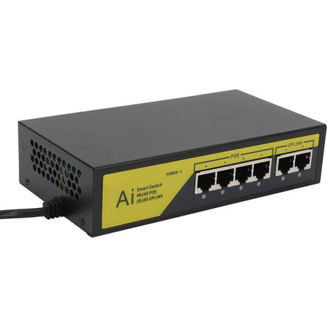Switch PoE 6 ports : 4 ports PoE 10/100 Mbps, 2 ports UP Link 10/100 Mbps, 65 W. Compatible avec caméras IP, points d'accès Wi-Fi et téléphones IP. Prise européenne. (1/5)