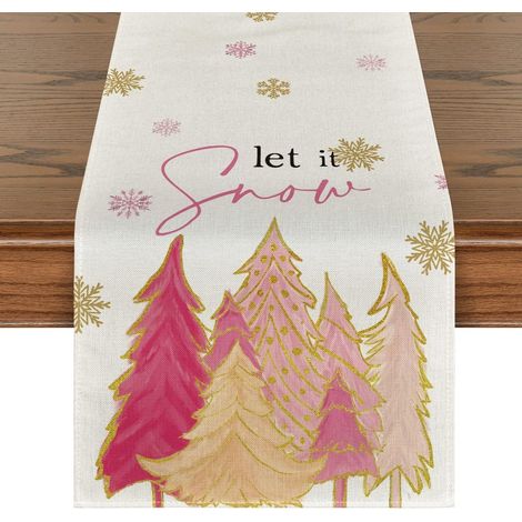 33 x 90 cm, Tischläufer mit rosa Weihnachtsbaum und Schneeflocken, Winterdekoration für Küche, Mahlzeiten und Feiern zu Hause