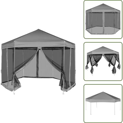 The Living Store Gazebo Esagonale Pop-Up con 6 Pareti Grigio 3,6x3,1 m - Gazebo pop-up