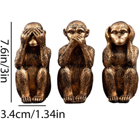 Figurine dorée de 3 singes sages, décoration de maison, Statue de singes sages en résine, Sculptures, cadeau pour salon, bureau