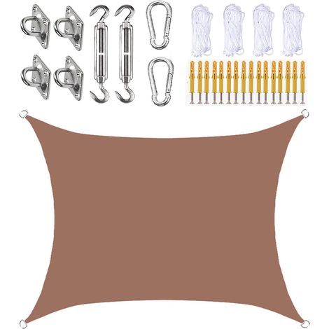 Voile d'ombrage rectangulaire 200 x 300 cm, polyester imperméable, protection UV, avec fixation et cordes, pour jardins et terrasses, marron (1/5)