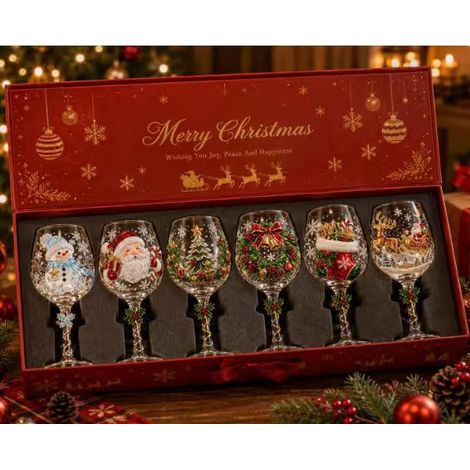 Coffret de verres à vin de Noël : Verres à vin décorés de flocons de neige, parfaits pour le vin, les cocktails, les fêtes de fin d'année et la décoration de table.