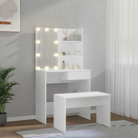 Coiffeuse avec Miroir LED, Table de Maquillage en Bois d'Ingénierie Blanc, Ensemble Meuble de Chambre avec Rangement (1/5)
