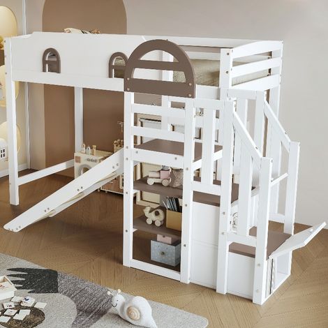 Lit superposé enfant 90x200 avec toboggan et escalier de rangement, lit cabane avec fenêtre, bois et MDF, blanc et marron (1/5)