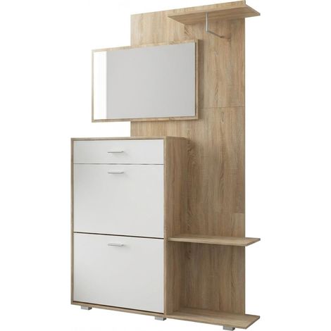 Ingresso Scarpiera Con Specchio 2 Ante A Ribalta Cassetto Appendibiti E Mensola Mobile Salvaspazio Moderno Per Ingresso Corridoio Stile Nordico 192 x 120 x 24.5 Cm Colore Rovere E Bianco