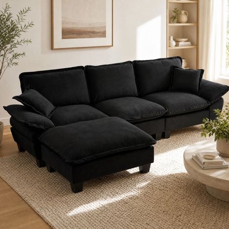 Sofá esquinero modular de chenilla con otomana móvil y 2 cojines, negro DESVIAE (1/5)