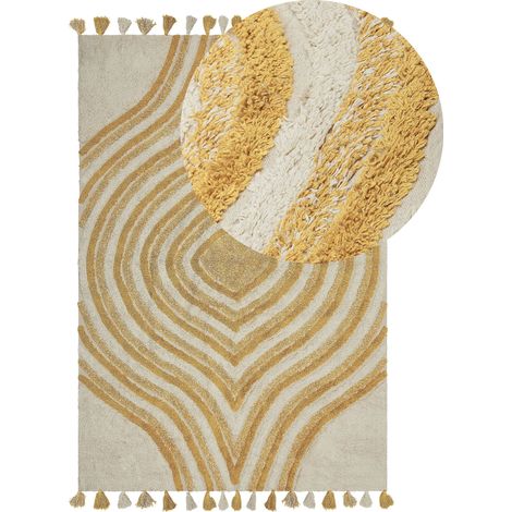 Tappeto Cotone Stile Astratto 140 x 200 cm motivo geometrico beige e giallo Bingol