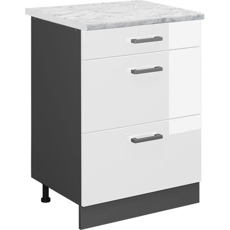 Mueble bajo de cocina R-Line, Blanco alto brillo, 60 cm ET Mármol, Vicco