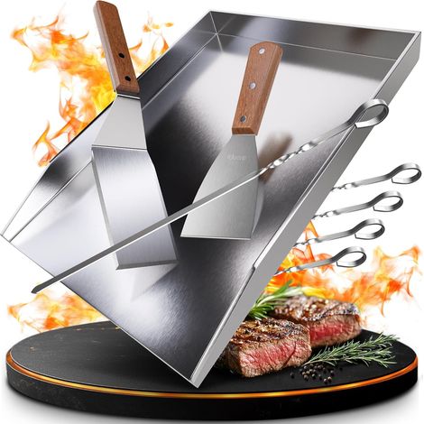 Plaque de cuisson - Plancha en acier inoxydable épais - 40 x 30 cm - Convient pour barbecue à gaz et barbecue à charbon - Plus : brosse et spatule (1/5)