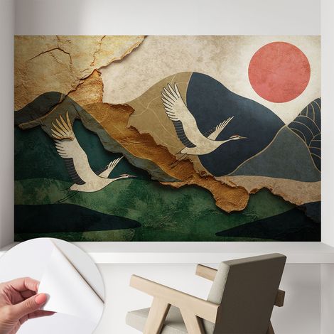 Papier peint adhésif autocollant pour salon chambre à coucher peint imprimé Installation facile Grues de l'Est 104x70 cm (1/5)