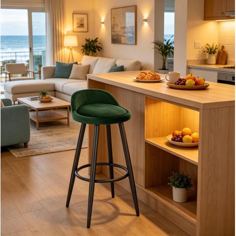 Tabouret de bar en velours vert foncé, avec dossier et repose-pieds rond, siège rembourré, pieds réglables et structure en bois et métal, charge 120 kg – CHICFURN (1/4)