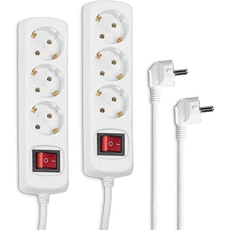 Hama Set di 2 ciabatta a 3 prese (2 prese multiple con interruttore per risparmiare energia, slot ruotati di 45 gradi, cavo 1,4 m, certificato GS), colore bianco (1/4)