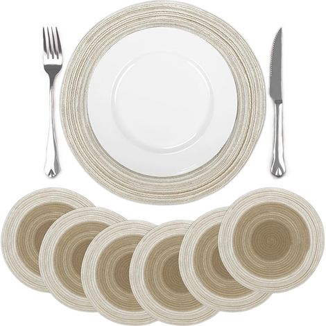 Lot de 6 sets de table ronds tressés marron dégradé, antidérapants, lavables, 38x38 cm. (1/5)