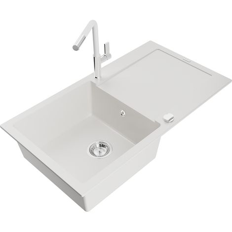 Mexen Leo lavello in granito 1-vasca con gocciolatoio e rubinetto da cucina Flora, bianco - 6501-20-670401-02 (1/5)