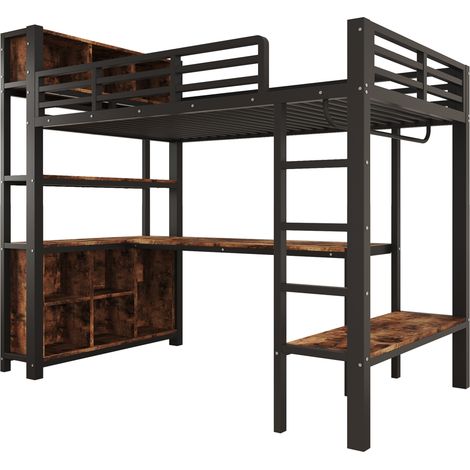 Cama alta metálica 90 x 200 cm con escritorio, perchero y estantes, negra, sin colchón (1/5)