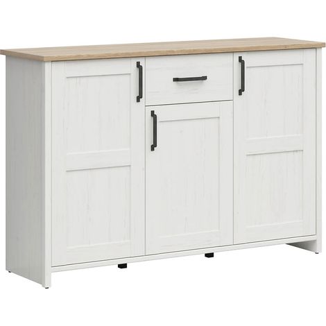 Commode buffet à 3 portes et un tiroir, coloris Blanc pin andersen/Chêne clair - Longueur 148 x Profondeur 42,5 x Hauteur 98,5 cm (1/4)