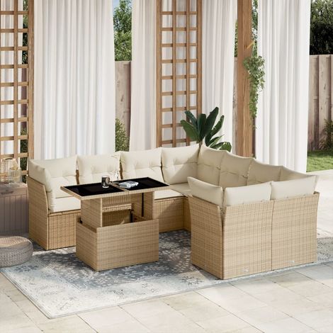 [Salon de Jardin] Canapé 9 Places en Résine Tressée Beige avec Table Réglable et Coussins Détachables (1/5)