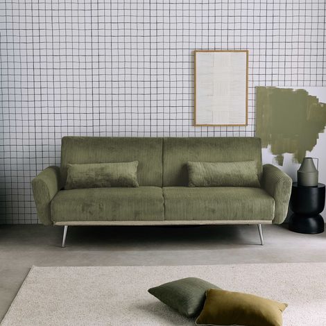 Canapé convertible design en velours côtelé - Oskar - 3 places scandinave droit avec pieds métal chromé Velours côtelé Kaki (1/5)