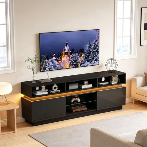 Mueble TV con 2 Puertas, 10 Huecos y LED para Salón, en MDF y Vidrio Templado, Negro, 160 × 35 × 60 cm (1/5)