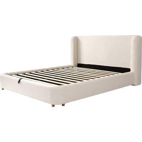 Lit coffre double hydraulique en bouclé beige avec sommier et tête de lit 160 x 200 MODENUIT (1/5)