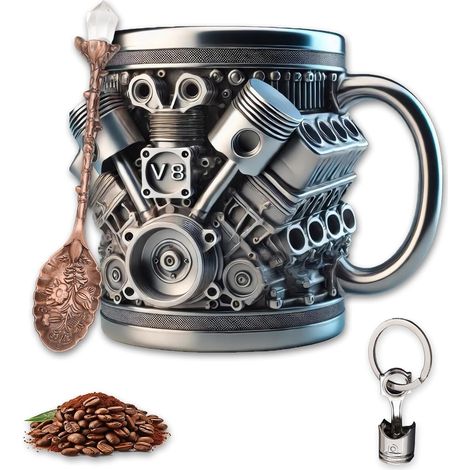 Taza de acero inoxidable V8 Motors - Taza de café de acero inoxidable - Diseño de motor 3D - Retro - Incluye 1 cuchara de hoja y 1 llavero - Ideal para el hogar, el estudio y viajes (1/5)