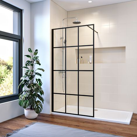 ELEGANT 900mm Walk in Shower Door Wet Room Reversible Shower Screen Panel 8mm Safety Glass with 1000mm Support Bar Matte Black Walkin Shower Screen with 1400x900mm Shower Tray (1/5)