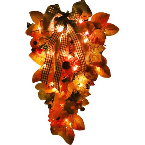 Herbstlicher Türkranz mit LED-Beleuchtung – Künstlicher Blumenkranz mit Sonnenblumen und Ahornblättern für die Heimdekoration – 50 x 33 cm (1/5)