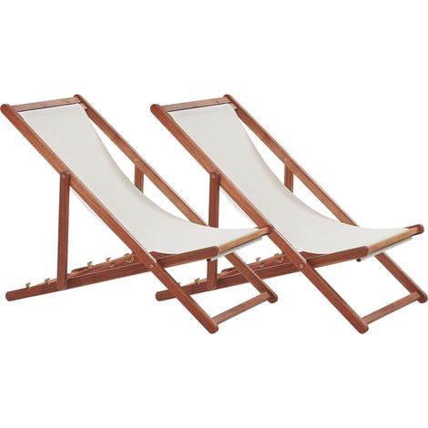 Set di 2 sedie a sdraio pieghevoli da giardino, in legno di acacia scuro con tessuto bianco sporco, Anzio (1/5)