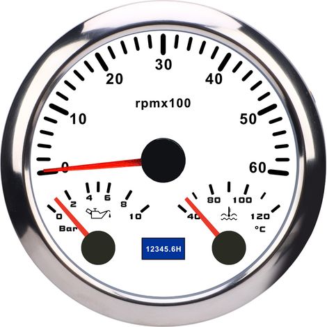 Tachymètre 3 en 1 85 mm DC 9 à 32 V 6000 tr/min 0 10 bar Pression d'huile 40 120 ℃ Température de l'eau Rétroéclairage 7 couleurs pour voiture bateau camion Cadran blanc Lunette argentée CX8286 (1/5)