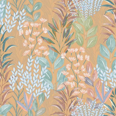 Papier peint feuillage aquarelle fond ocre