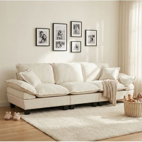Canapé 3 places en chenille beige avec accoudoirs courbés, idéal pour petits espaces (1/5)