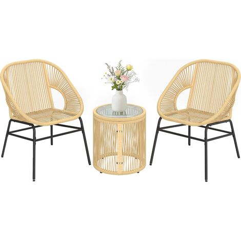 Ensemble bistro 3 pièces en rotin et acier avec 2 chaises, table ronde avec plateau en verre trempé, beige