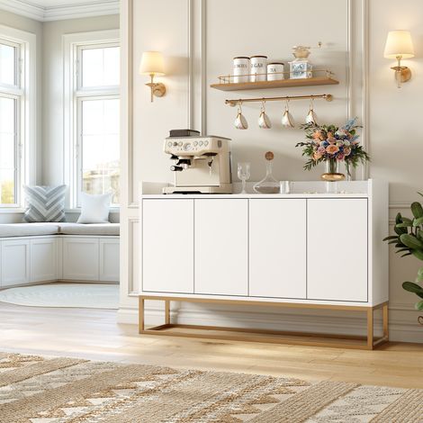 Buffet moderne - 4 portes, cadre métal doré, étagères réglables, blanc - pour salon et salle à manger (1/5)