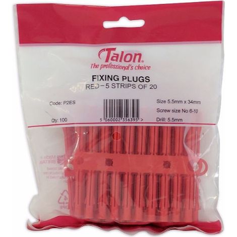 Talon Red 5-5.5mm Wall Plugs Plastic Screw Fixing Plugs Euro Slot X100 Pack P2ES