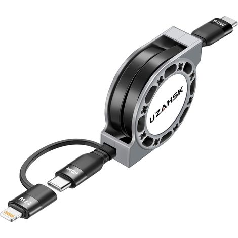 Câble USB vers USB C et Lightning 2 en 1,Chargeur de téléphone rétractable 60 W [certifié MFi] Câble USB C rétractable pour iPhone/Samsung/Android,Câble de charge rapide avec port USB C. (Noire) (1/5)