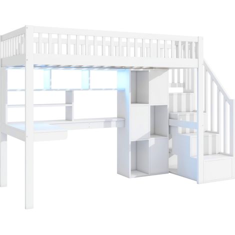 Letto a soppalco 90 x 200 cm bianco con LED, scala contenitore, ripiani e scrivania, senza materasso (1/5)
