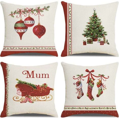 Housse Coussin Noel 45x45 Lot de 4 Housse de Coussin Deco Noel Coton et Lin Décoratif Taie d'oreiller 45 x 45 cm pour Chambre, Nanapé, Chaise, Lit Decoration Noel (1/4)