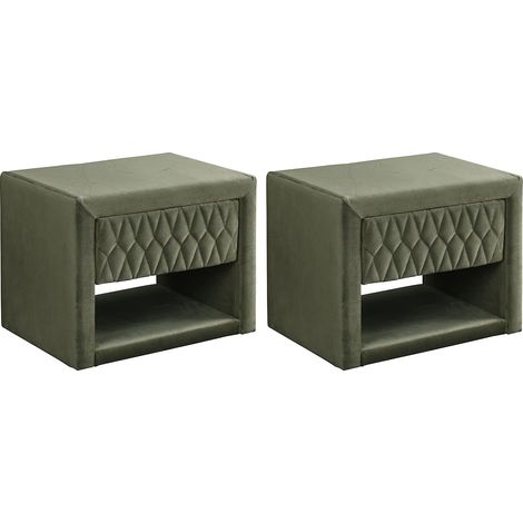 Comodino 1 cassetto e 1 nicchia Tessuto velluto Verde oliva - Lotto di 2 - DANIELE (1/5)
