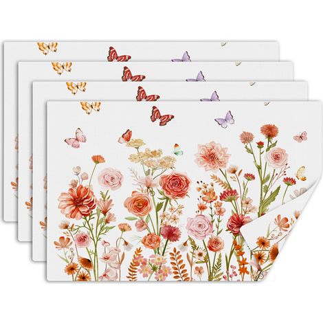 Lot de 4 Sets de Table Campagne Aquarelle, sous Assiette de Table Fleurs Papillon, Lavable Absorbant Dessous Assietter en Lin pour Cuisine, Salle à Manger, Fêtes, Décoration 30 x 45 cm (1/5)