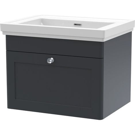 Nuie Classique Wall Hung 1-Drawer Vanity Unit with Classic Basin 600mm Wide Satin Anthracite - 0 Tap Hole (1/5)