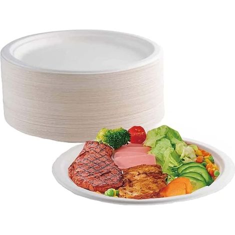 Lot de 100 assiettes jetables de 17,8 cm en papier biodégradable issu de la canne à sucre, écologiques et compostables. (1/5)