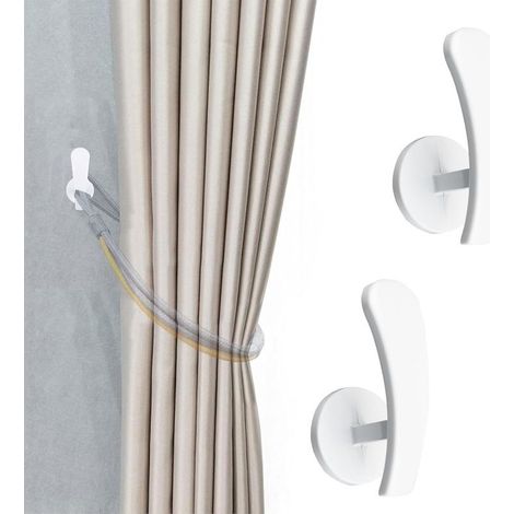 (blanc)Lot de 2 embrasses de rideau, crochets auto adhésifs à fixer au mur pour rideaux, supports de rangement en métal sans trace, crochets pour rideaux et cintres décoration intérieure (1/5)