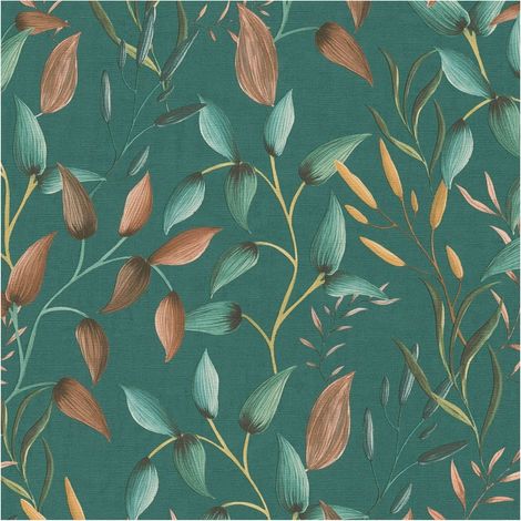 Country style wallpaper wall Profhome 397454 hot embossed non-woven wallpaper slightly textured with floral ornaments matt green teal orange yellow 5.33 m2 (1/5)
