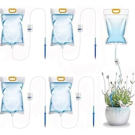 Lot de 5 sacs d'irrigation goutte à goutte à goutte à débit réglable de 3,5 L Système d'arrosage automatique pour plantes d'intérieur et d'extérieur (1/4)