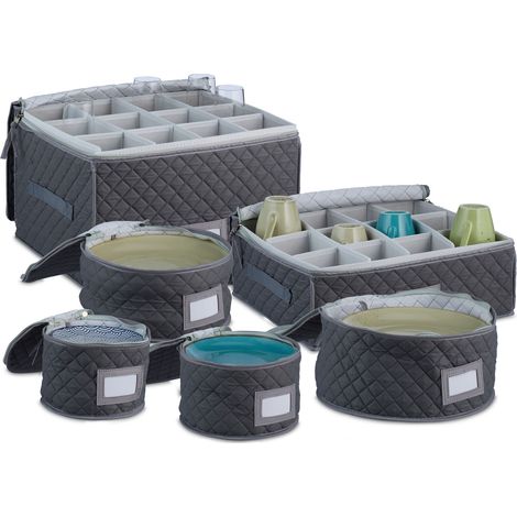 Relaxdays Crockery Storage Box, Set of 6 Pieces, Padded, Holds 12 Plates, Glasses and Cups Each, Great for Moving, Grey
