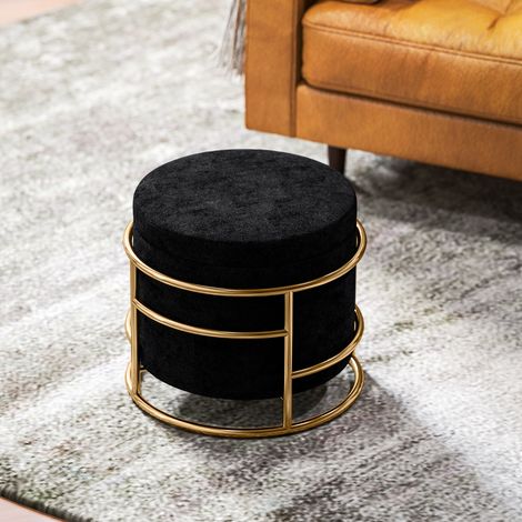 Sitzhocker mit Stauraum, gepolsterter Fußhocker, Metallrahmen, vergoldet, Schwarz