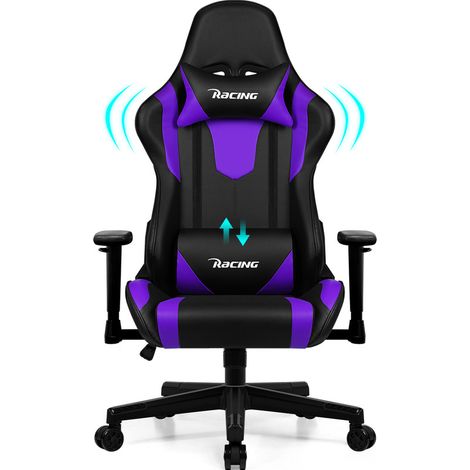 Chaise Gaming, Chaise Bureau Ergonomique avec Coussin Lombaire, Appui-tête et Accoudoirs Réglables, Fauteuil Gaming avec Fonction Bascule 150 kg, Violet (1/5)
